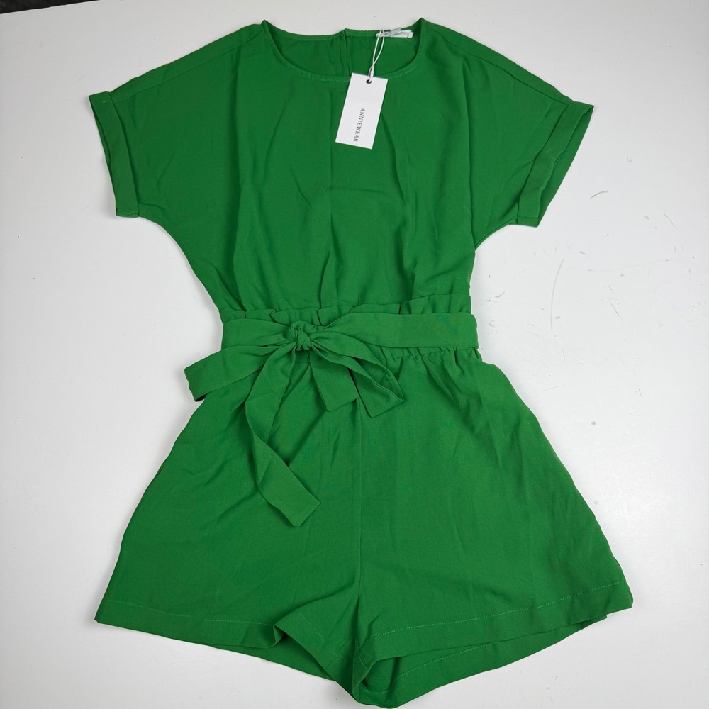 AnnieWear Los Angeles Green Short Sleeve Tie Waist Romper Size S NWT